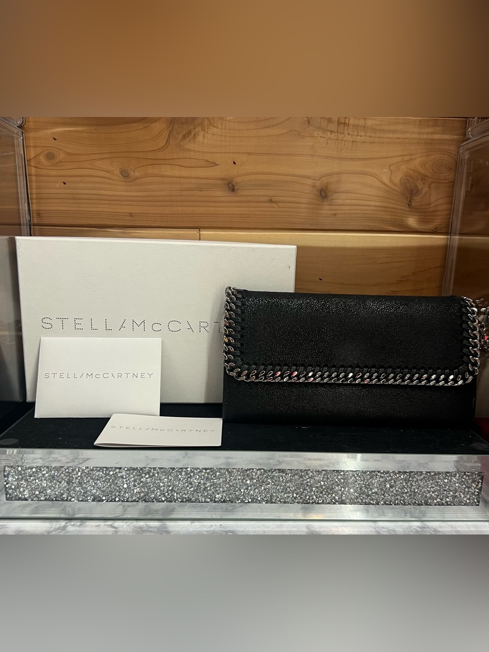 Stella McCartney Black Chain-Trim Foldover Wallet Clutch
